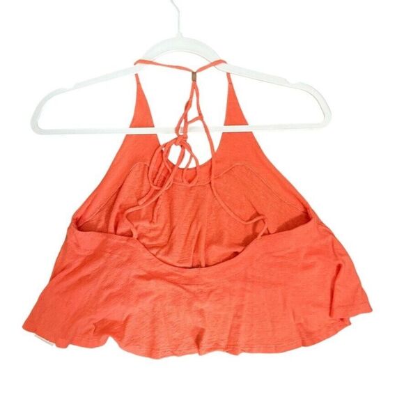 FREE PEOPLE Halter Crop Tank Top Women S Coral Orange Linen Blend Open Back Boho - Picture 2 of 9